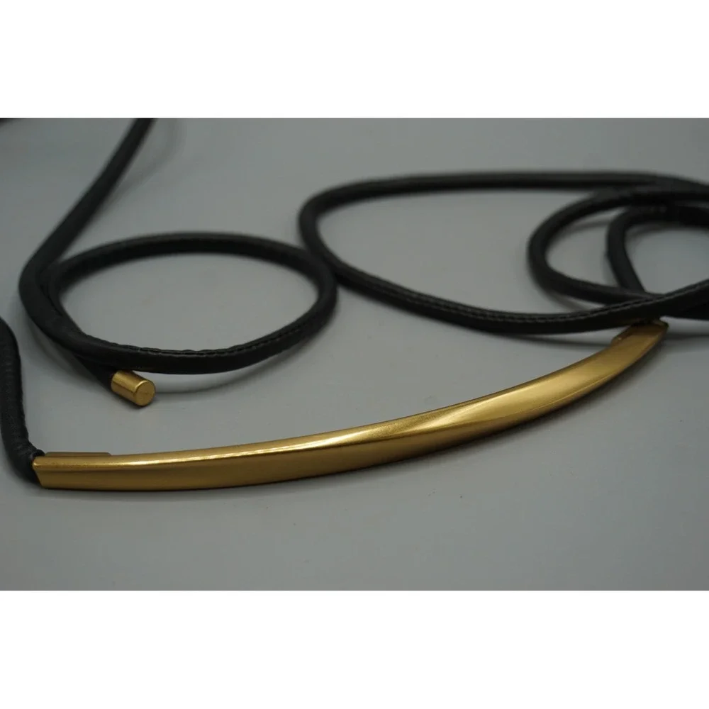 Minimalist Black Cord Wrap Belt Gold Tone Curved Bar Lariat Necklace 87 Inch